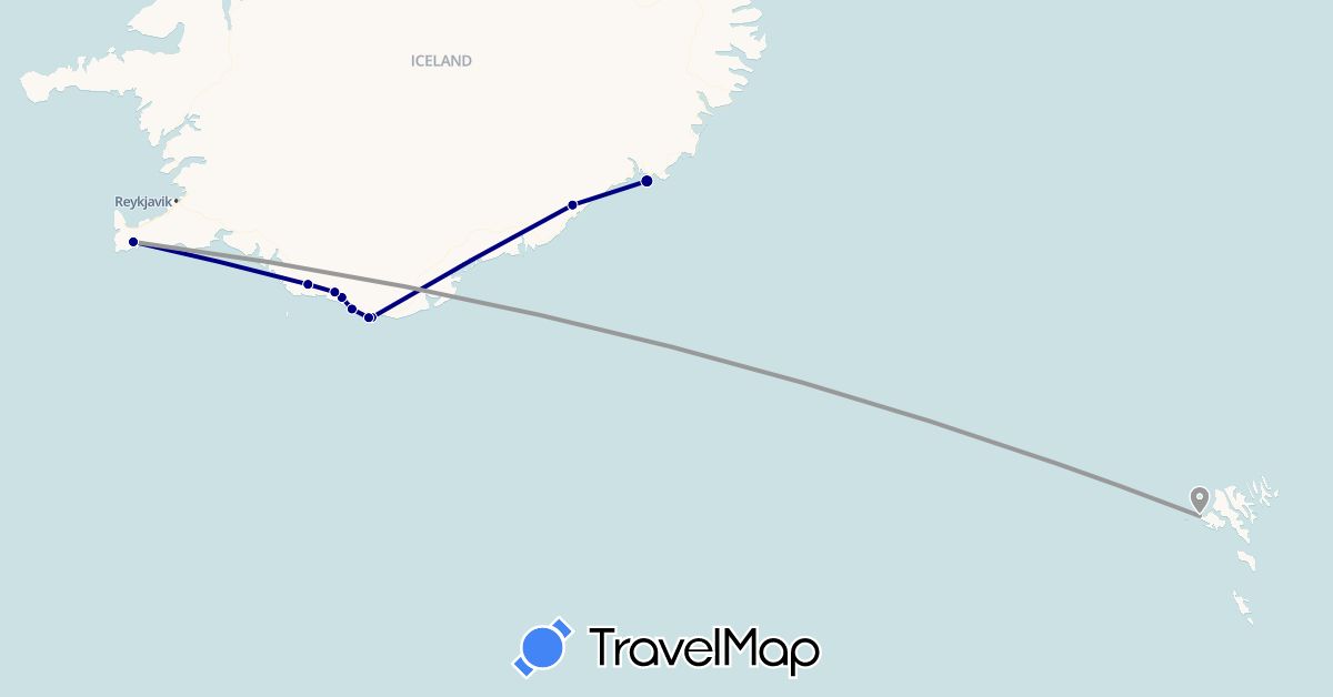 TravelMap itinerary: driving, plane in Faroe Islands, Iceland (Europe)